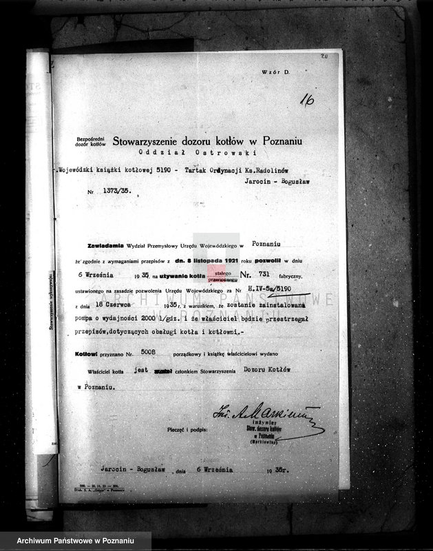 Obraz 20 z jednostki "Młyn parowy w Jarocinie pow. jarociński nr fabr. kotła 892 nr woj. kotła 6431"