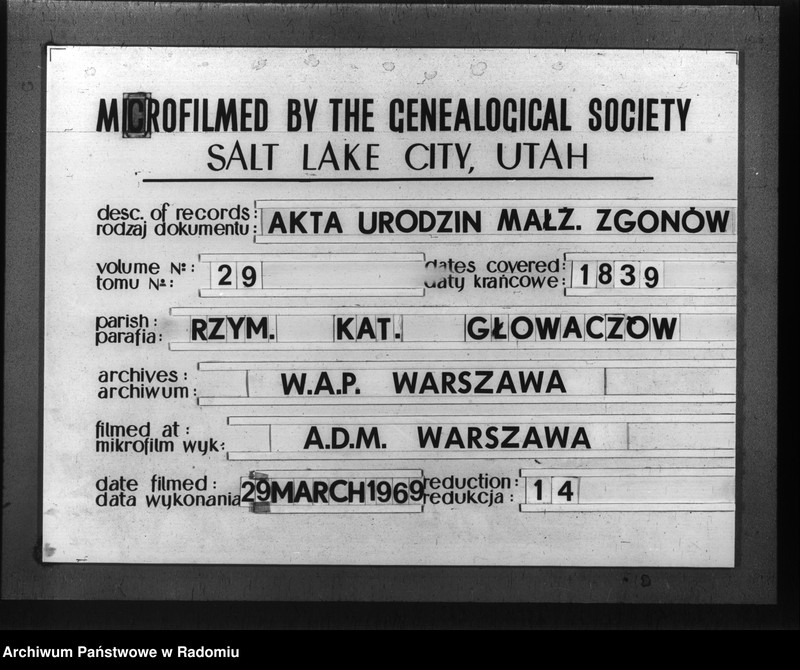 image.from.unit.number "Akta urodzonych, małzeństwa i zeyścia gminy i parafii Głowaczewskiwy w roku 1839"