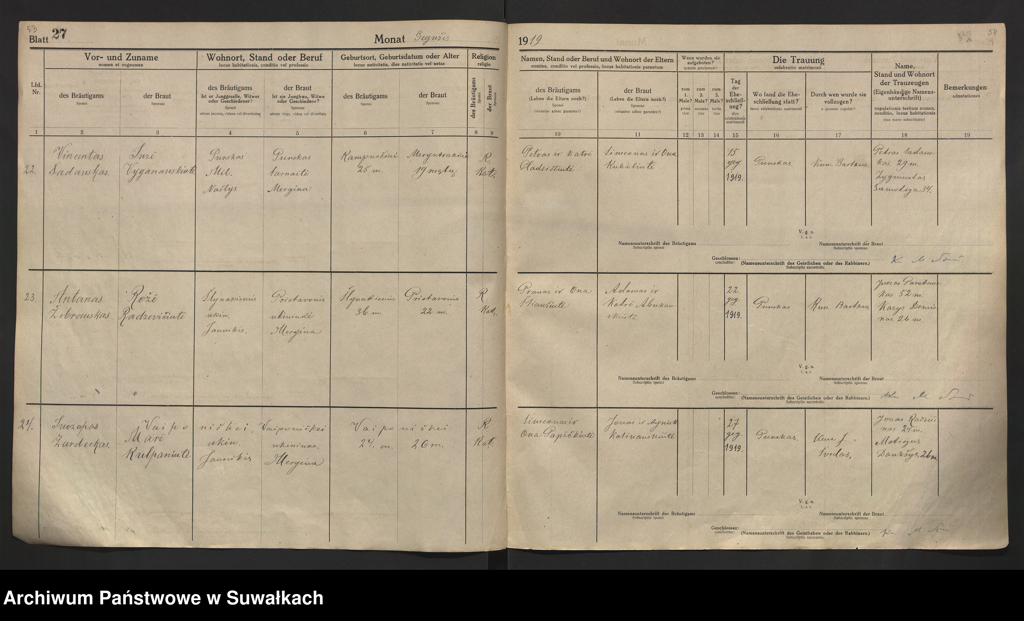 Skan z jednostki: [Księga akt małżeństw parafii rzymskokatolickiej w Puńsku z lat 1918-1921]