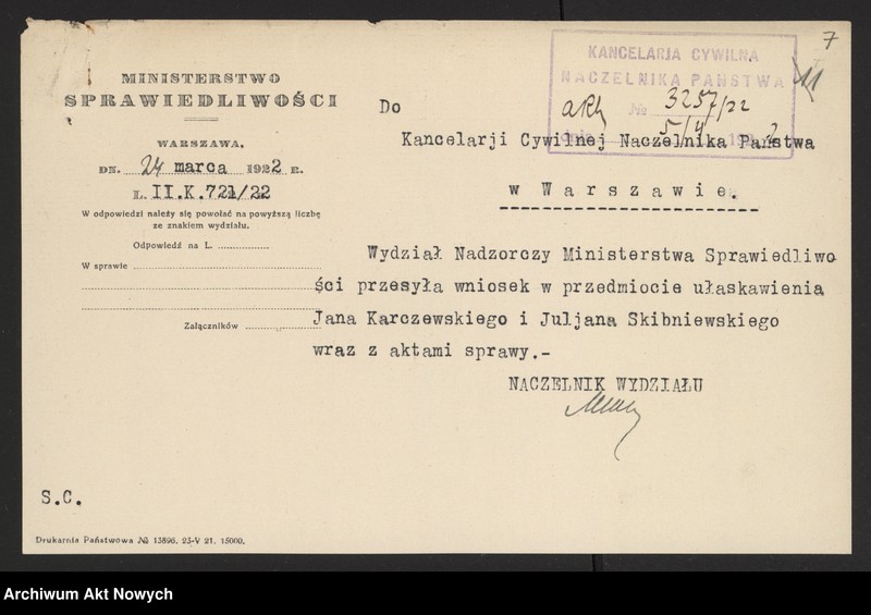 image.from.unit.number "Ułaskawienia z b. Kongresówki - uwzględnione, dotyczące zabójstw, uszkodzeń ciała, gwałtu, oporu wobec urzędnika, niedopełnienia obowiązków wojskowych i niedbalstwa, kradzieży, pokątnego gorzelnictwa, łapówkarstwa, fałszywych zeznań oraz podżegania w 1919 r. pracowników Szpitala Przemienienia Pańskiego w W-wie do strajku"