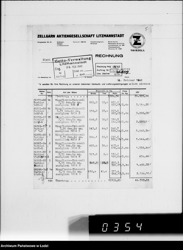 Obraz 9 z jednostki "Rechnungen zu Aufträge. Ziegenhagen [za dostawy towarów dla Getta]"