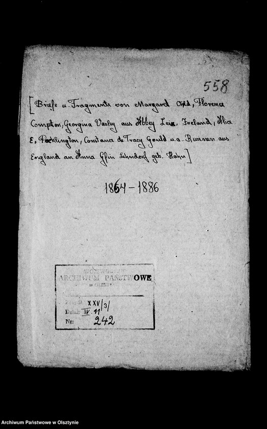 image.from.unit.number "/Margaret Child, Florence Compton, Georgina Vesly aus Abbey Leix- Ireland, Alice E. Pocklington, Constance de Tracy Gould u. a. Kusinen mit Fragmenten ohne Unterschrift an Anna Gfin Lehndorff geb. Hahn/"