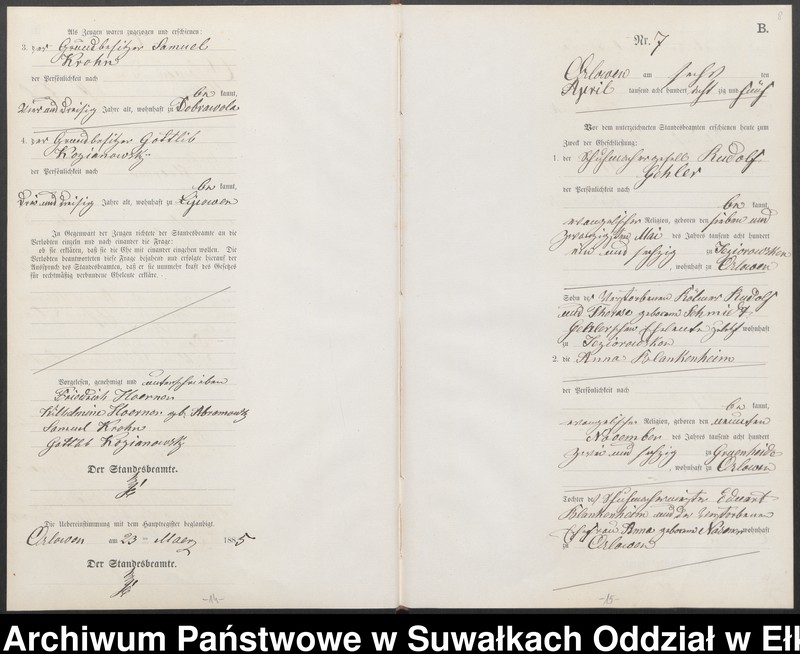 image.from.unit.number "Heiraths-Neben-Register des Preussischen Standes-Amtes Orlowen Kreis Loetzen für das Jahr 1885"