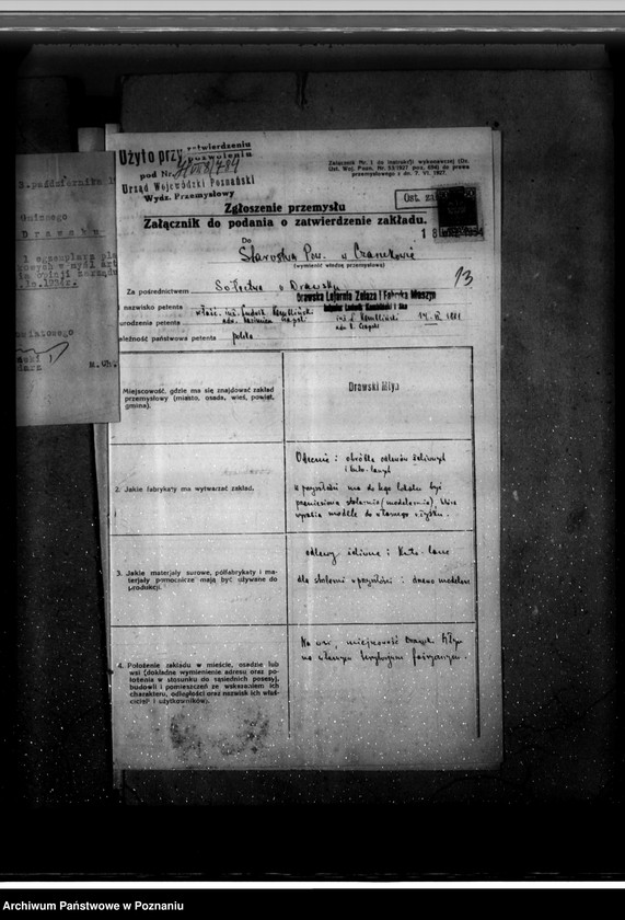 Obraz 17 z jednostki "Zatwierdzenie zakładu przemysłowego /stolarni mechanicznej/ Firma Drawska Lejarnia Żelaza w Drawskim Młynie pow. czarnkowski"