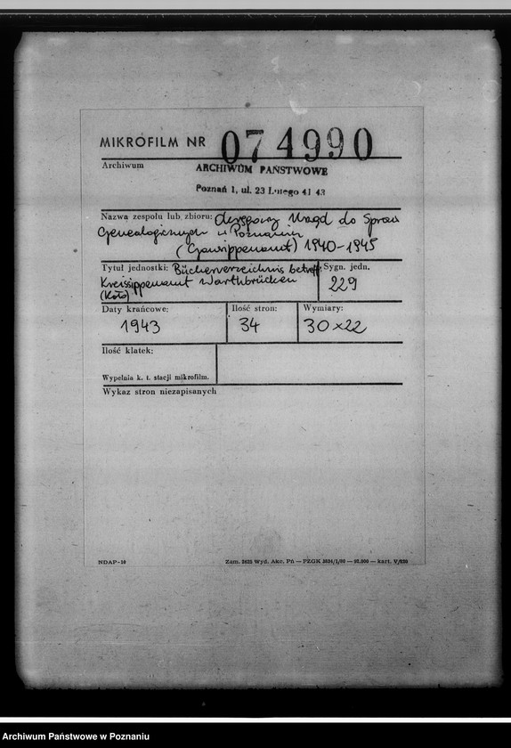 image.from.unit.number "Bücherverzeichnis betreff.: Kreissippenamt Warthbrücken [Koło]"