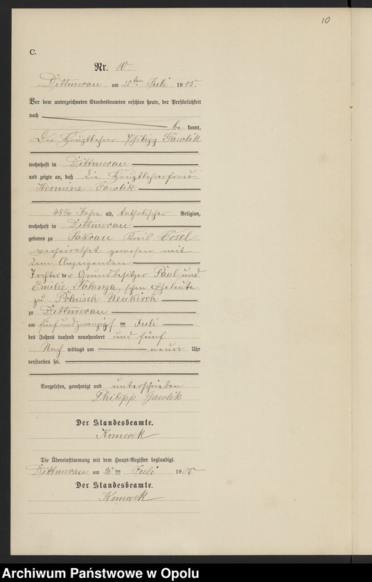 Obraz 14 z jednostki "Sterbe-Neben-Register Standesamts Dittmerau pro 1905"