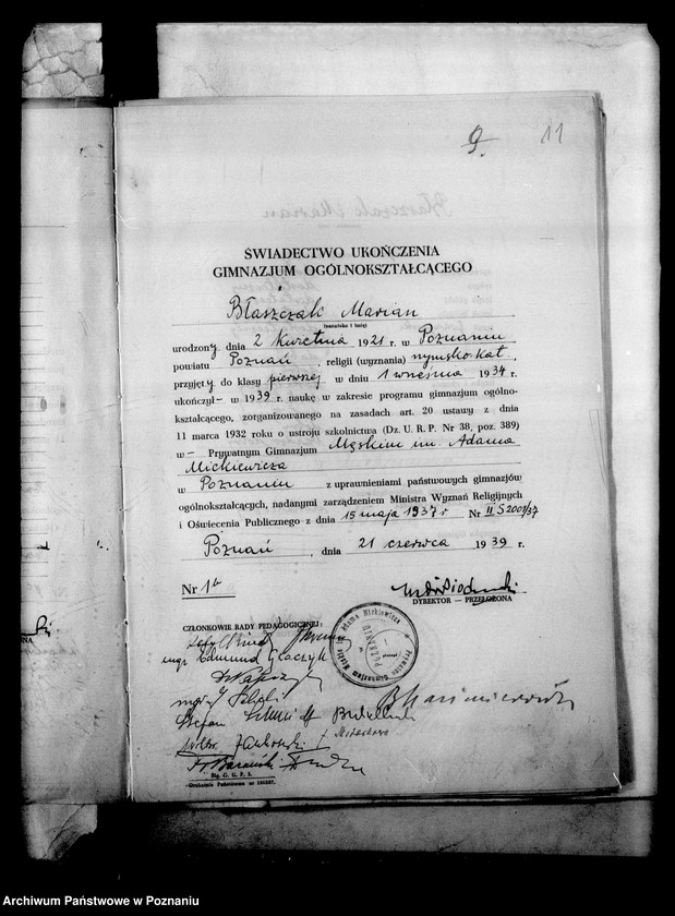 Obraz 14 z jednostki "Prywatne Liceum i Gimnazjum imienia Mickiewicza - Poznań [spis uczniów klasy II liceum oraz świadectwa ukończenia gimnazjum (IV klasy)]"