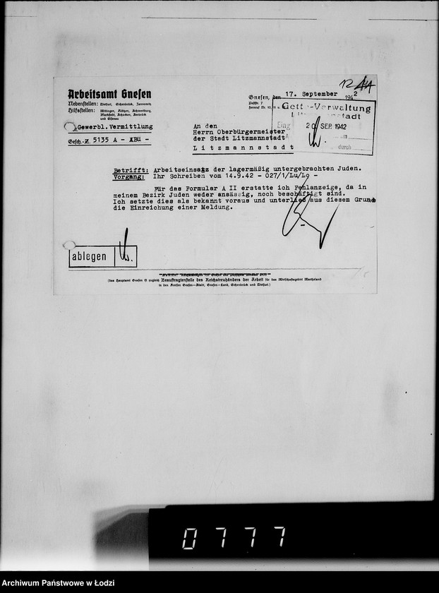 Obraz 15 z jednostki "Sonderkonto 12300. Arbeitsamt Gnesen, Arbeitsamt Hohensalza Judenlager: Montwy- (Kreis Hohensalza), Grossendorf-(Kreis Hohensalza), Bilsko, Mogilno, Olscha, Bornheim u.Schlabau, Wiesengrund, Hinterwalden, Neuwelt."