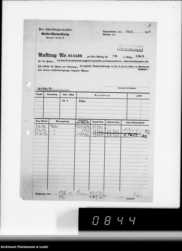 Obraz 5 z jednostki "Aufträge [Lieferscheinen und Rechnungen] 14370-14430 [Dostawy artykułów pierwszej potrzeby do Getta]"