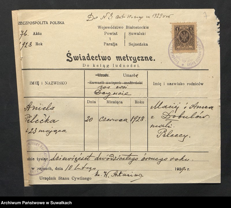 image.from.unit.number "Aneksa do Aktów Ślubnych Rz-Katolickiej parafji Wigierskiej za 1929 rok"