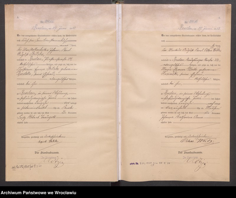 image.from.unit.number "Geburts Neben Register Standesamt Breslau III 1913 Band 7"