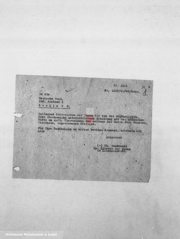 Obraz 4 z jednostki "Banken [Korespondencja PSŻ z GV i bankami niemieckimi w sprawie przekazów pieniężnych dla ludności getta]"