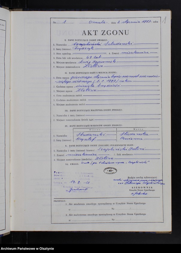 image.from.unit.number "Księga zgonów Nr 1 - 33 i 1 - 55 /przepisana w języku polskim z oryginału niemieckiego w dniach 14.08.-21.08.1961/"