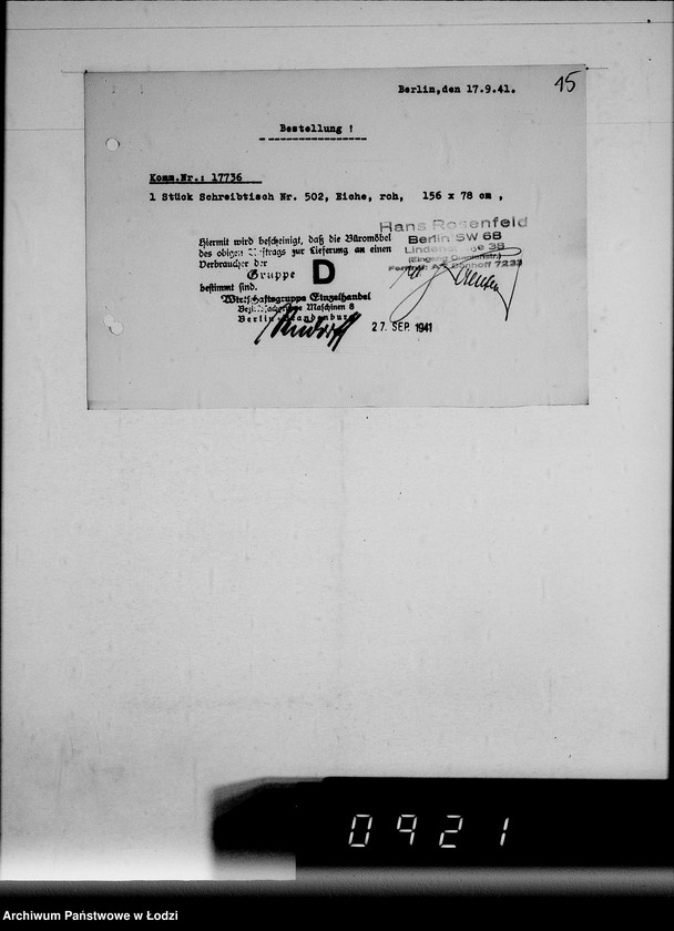 Obraz 19 z jednostki "Korrespondenz Firma Hans Rosenfeld-Büromebel mit Getto-Verwaltung betr.Büromebel"