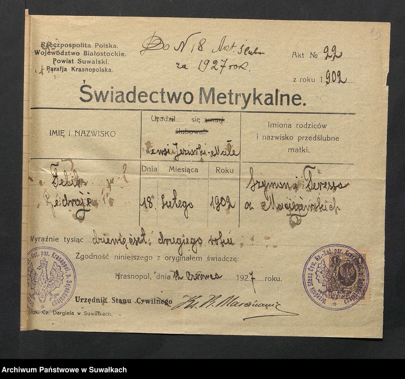 Obraz 15 z jednostki "Aneksa Aktów Ślubnych Rz-Katolickiej par. Wigierskiej za 1927 rok"