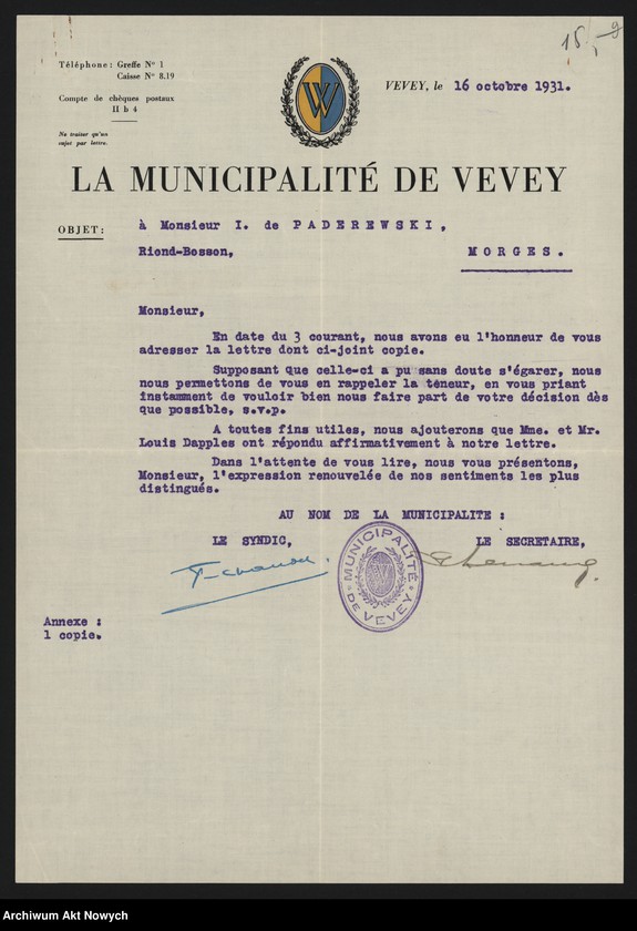 Obraz 17 z jednostki "Municiapalité de Vevey; Załączniki: a) zaproszenia; b) wycinek prasowy; c) 2 fotografie Bulwaru I. J. Paderewskiego; L.19 (odpowiedzi - rękopisy)"