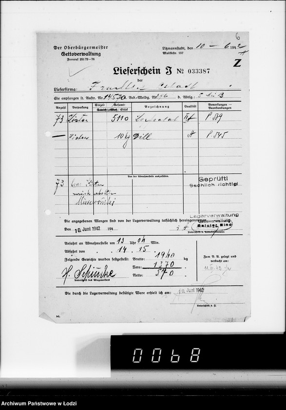 Obraz 10 z jednostki "Aufträge, Lieferscheinen und Rechnungen 14501-14570. [Zlecenia na produkty dla Getta. Rachunki, kwity przewozowe, korespondencja]"