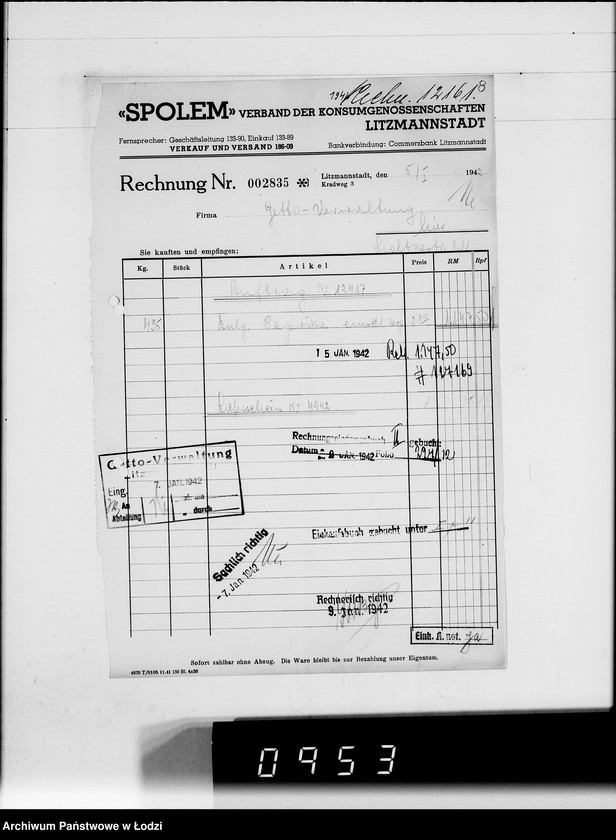 Obraz 12 z jednostki ""Społem" Rechnungen [za dostawy towarów dla Getta]"