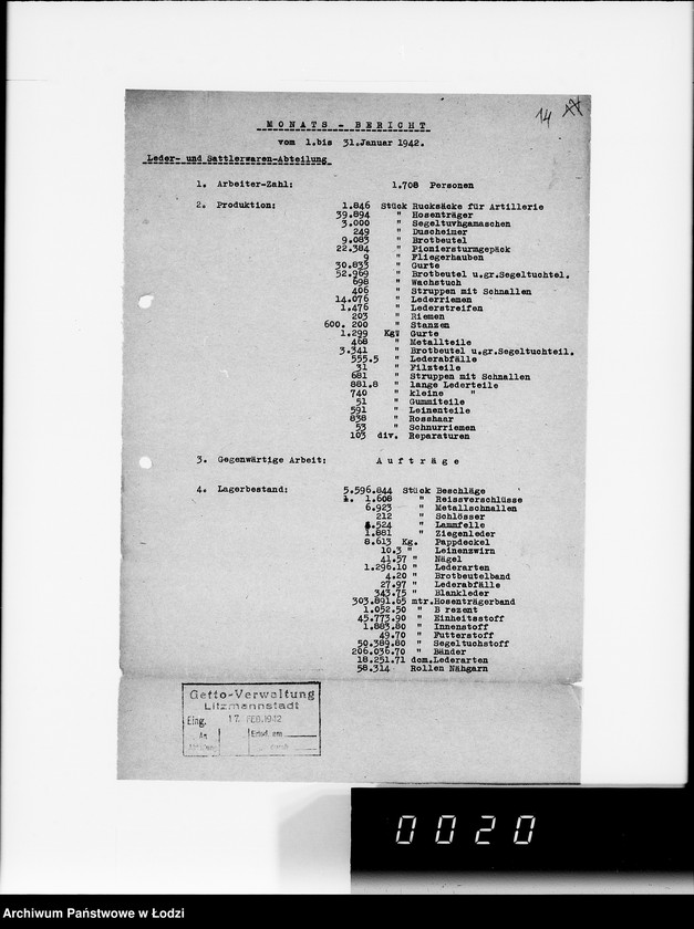 Obraz 18 z jednostki "Organisations im Getto. [Sprawozdania z działalności resortów i wydziałów administracji gettowej; produkcja, ruch ludności, sprawy policyjne]"