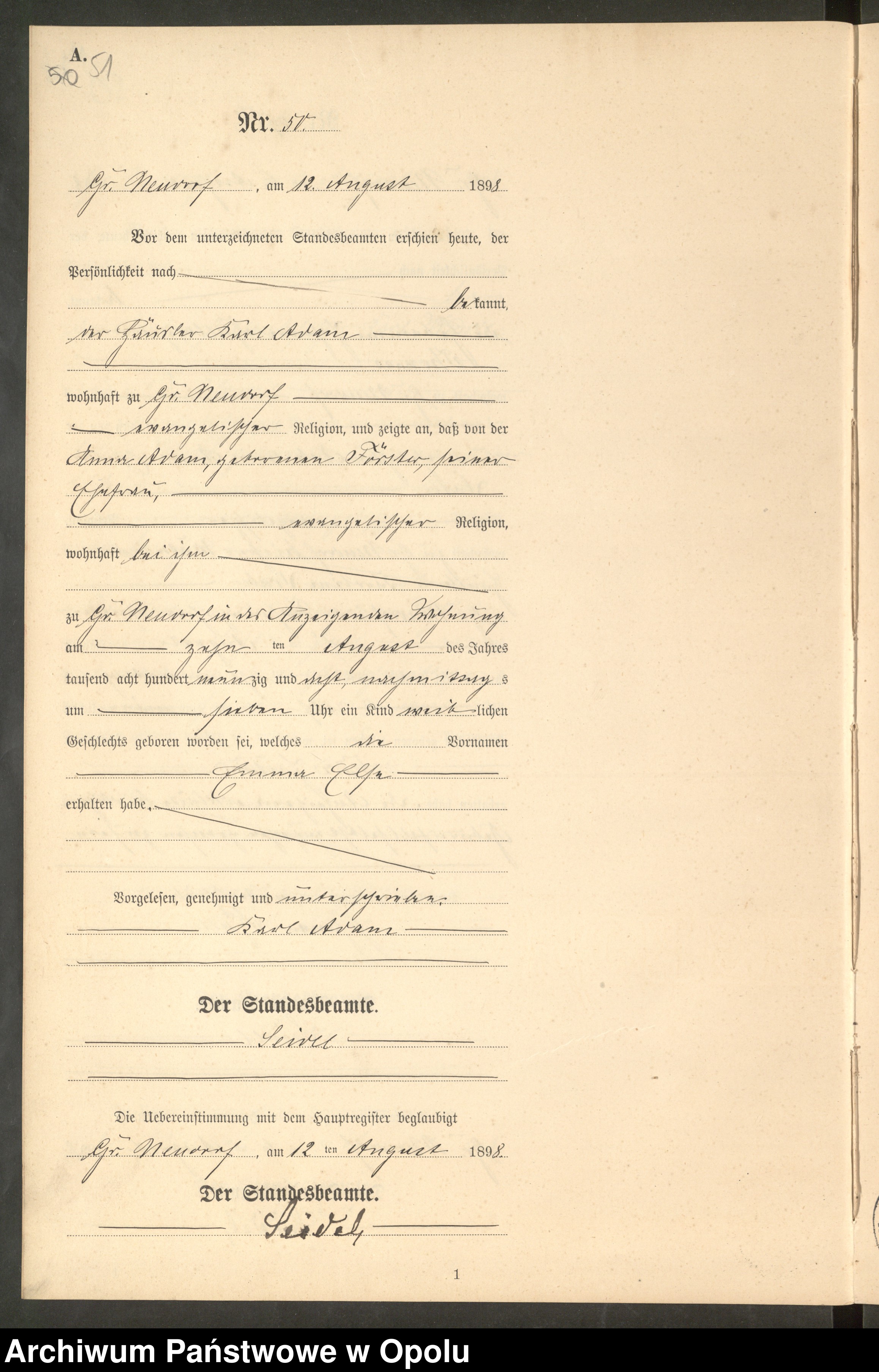 Skan z jednostki: Geburts-Neben-Register Standes-Amt Gr.[oss] Neudorf 1898
