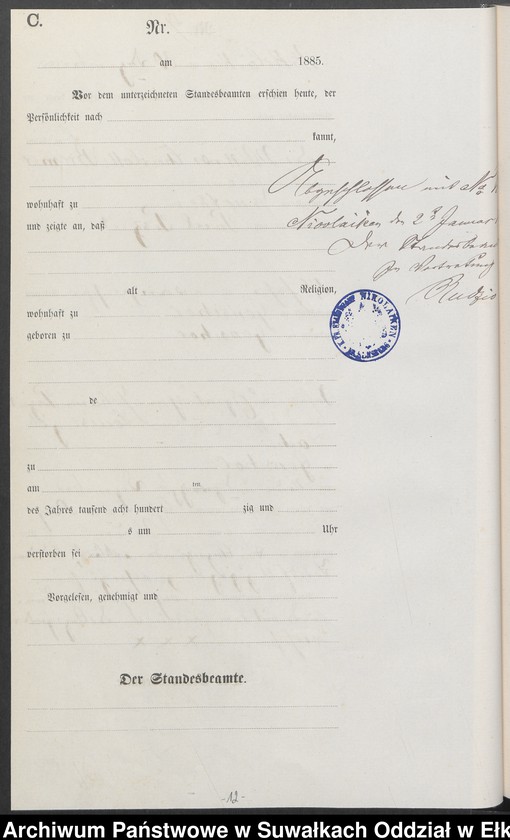 image.from.unit.number "Sterbe-Haupt-Register des Königlich Preussischen Standes-Amtes Forstrevier Nicolaiken Kreis Sensburg für das Jahr 1885[do 1887]"