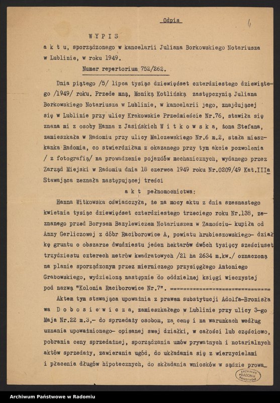 image.from.collection.number "[Materiały dotyczące posiadania przez Hannę i Stefana Witkowskich gruntów i nieruchomości w Raciborowicach, pow. hrubieszowski, 1948-1951 oraz w Radomiu i Rajcu Letnisko, 1954-1961]111"