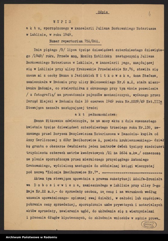 Obraz 1 z kolekcji "[Materiały dotyczące posiadania przez Hannę i Stefana Witkowskich gruntów i nieruchomości w Raciborowicach, pow. hrubieszowski, 1948-1951 oraz w Radomiu i Rajcu Letnisko, 1954-1961]"