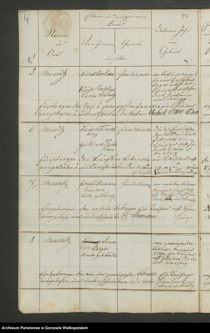 Obraz 7 z jednostki "Personenstandsregister der israelitischen Corporation zu Meseritz von Jahre 1837"