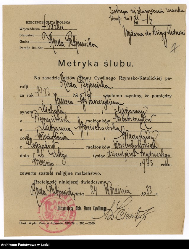 image.from.unit.number "Dokumenty do rejestru mieszkańców Rudy Pabianickiej. Witaszczyk Jan - Wróblewska Marianna"