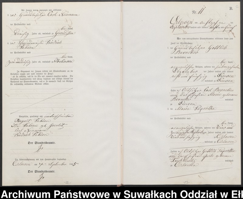 image.from.unit.number "Heiraths-Neben-Register des Preussischen Standes-Amtes Orlowen Kreis Loetzen für das Jahr 1885"