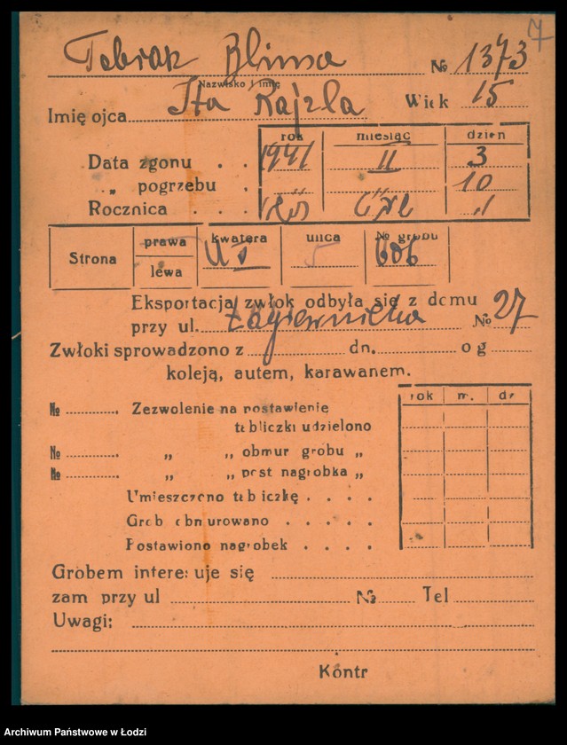 Obraz 8 z jednostki "Kartoteka osób pochowanych na cmentarzu żydowskim przy ulicy Brackiej w latach 1892-1957. Nazwiska na litery: To-Ty"