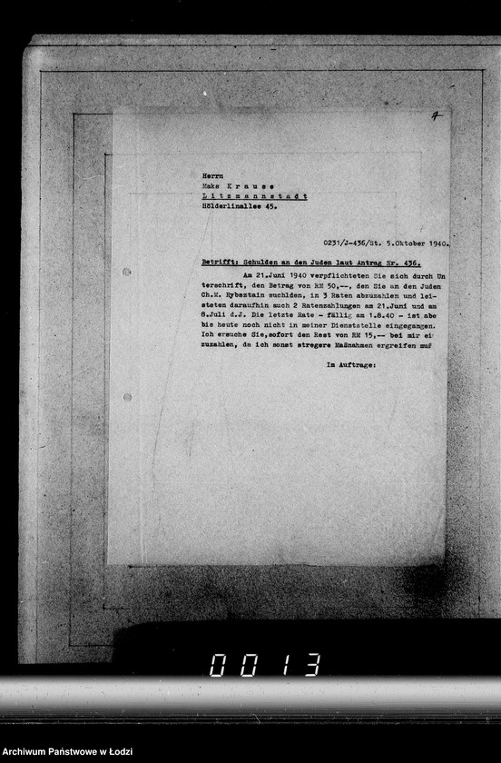 Obraz 11 z jednostki "J[uden] 436-450 [Wnioski Żydów z Getta o zwrot należności za pracę lub towar wzięty na kredyt]"