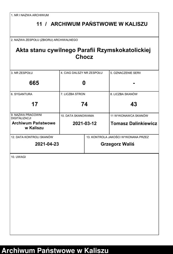 Obraz 1 z jednostki "Akta urodzenia w Parafii Chockiej"