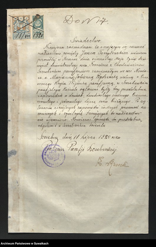 image.from.unit.number "[Dokumenty do akt małżeństw parafii rzymskokatolickiej w Wigrach z 1920 roku]"