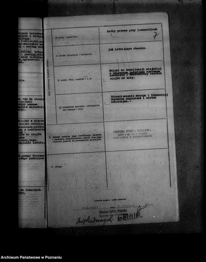 Obraz 11 z jednostki "Zatwierdzenie zakładu przemysłowego rafinerii i kotłowni/ Rolniczej Spółki Olejarskiej Spółka z o. o. w Szamotułach"