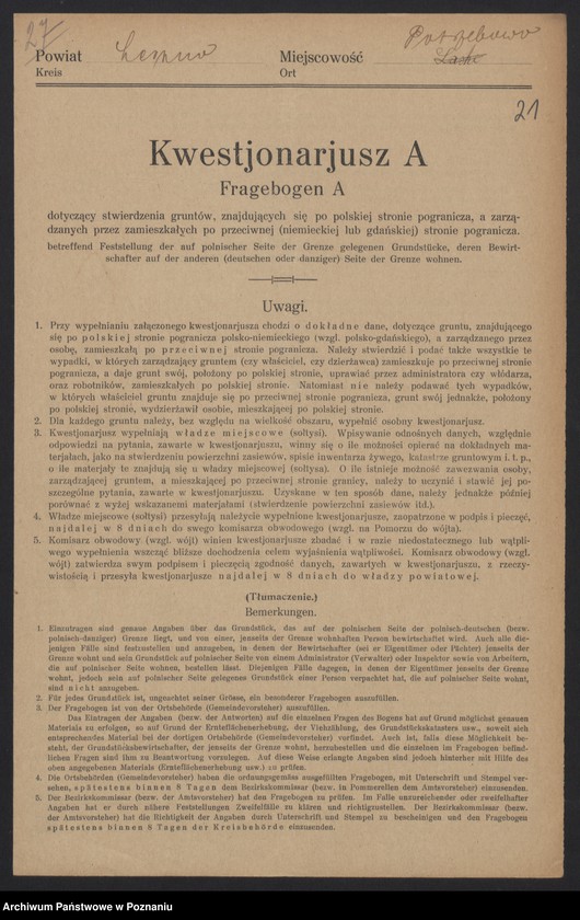 Obraz 18 z jednostki "[Kwestionariusze dotyczące stwierdzenia gruntów znajdujących się po polskiej stronie pogranicza a zarządzanych przez zamieszkałych po stronie niemieckiej] powiat leszczyński"