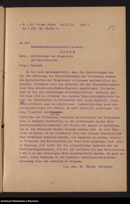 Obraz 20 z jednostki "[Zarządzenia i okólniki Einwandererzentralstelle Nord - Ost in Posen [Poznań]"