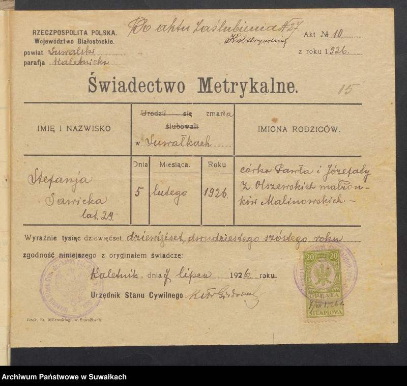 Obraz 17 z jednostki "Aneksa do aktów ślubnych Rz-kat. Jeleniewskiej parafji z 1926 roku"