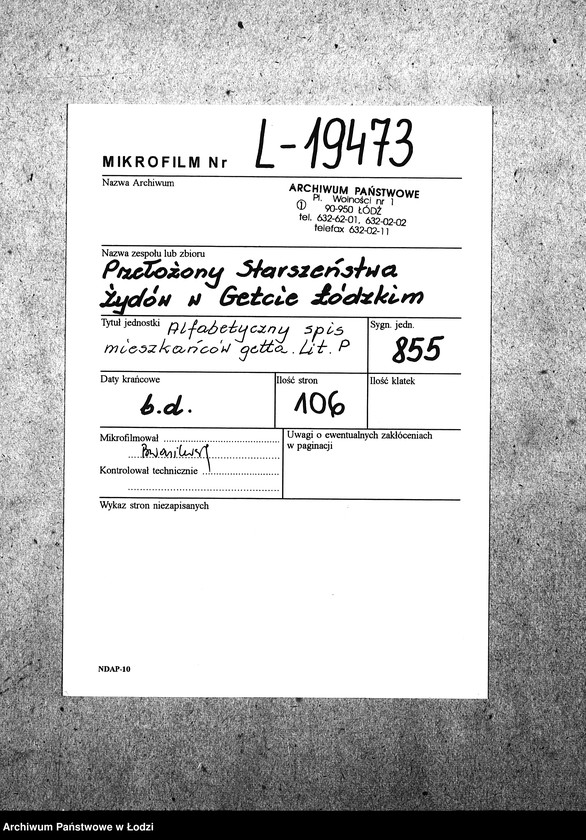 Obraz 2 z jednostki "[Alfabetyczny spis mieszkańców getta. Litera P]"