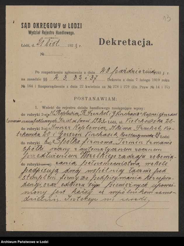 Obraz 15 z jednostki "A.Kaplowicz, K.Frenkel, G.Pinchasik- kupno i sprzedaż towarów manufakturowych"