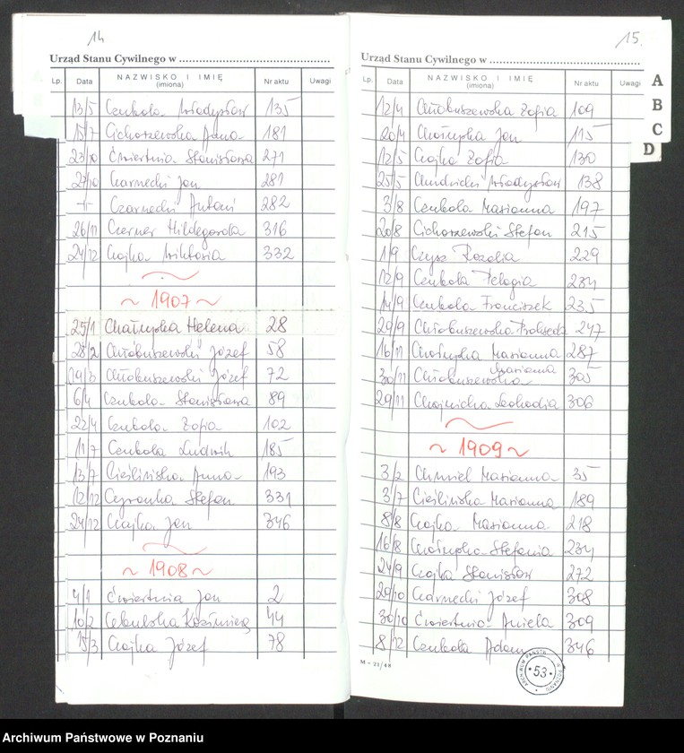 Obraz 11 z jednostki "[Skorowidz alfabetyczny do akt urodzeń za lata 1905-1912]"