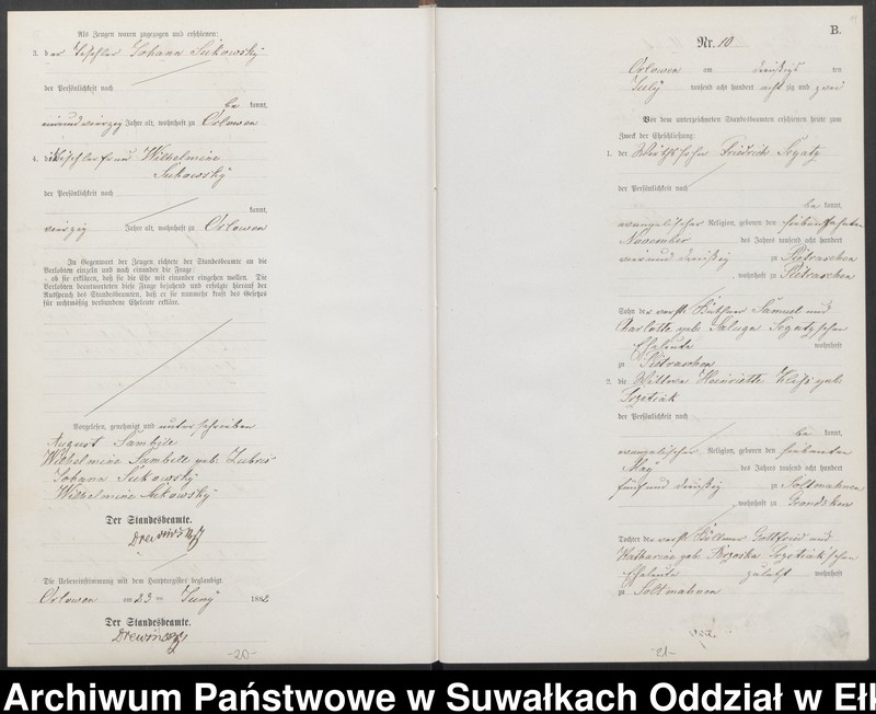 Obraz 14 z jednostki "Heiraths-Neben-Register des Preussischen Standes-Amtes [Orlowen] Kreis [Loetzen] für das Jahr 1882"