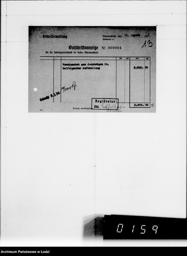 Obraz 17 z jednostki "Gutschriftsanzeigen für die Judengemeinschaft im Getto Litzmannstadt Nr 000001"