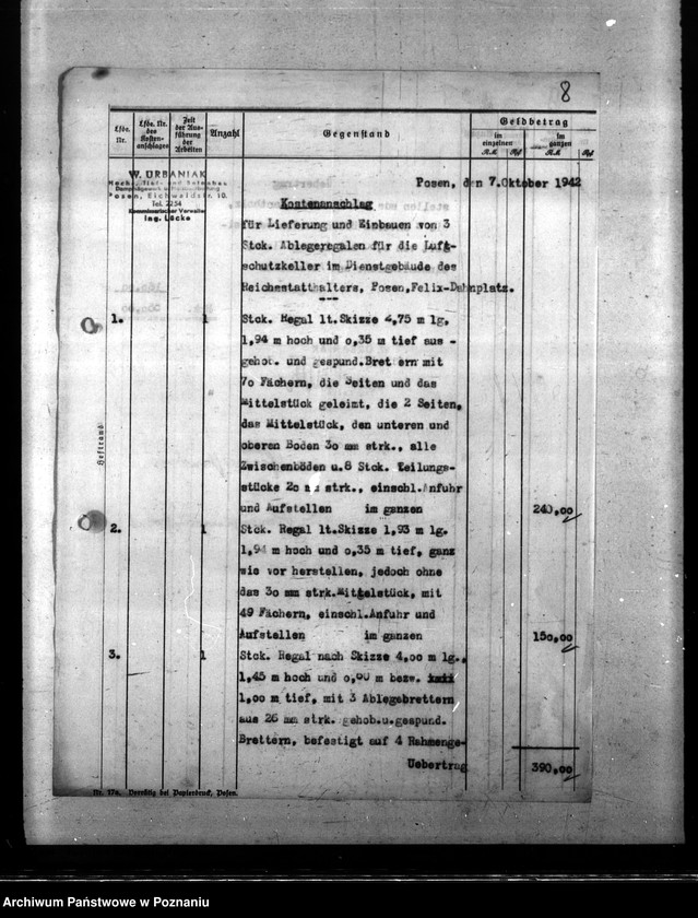 Obraz 12 z jednostki "Baupläne der Luftschutz und Brandwache für Dienstgebäude Posen, Felix- Dahn- Platz 17."