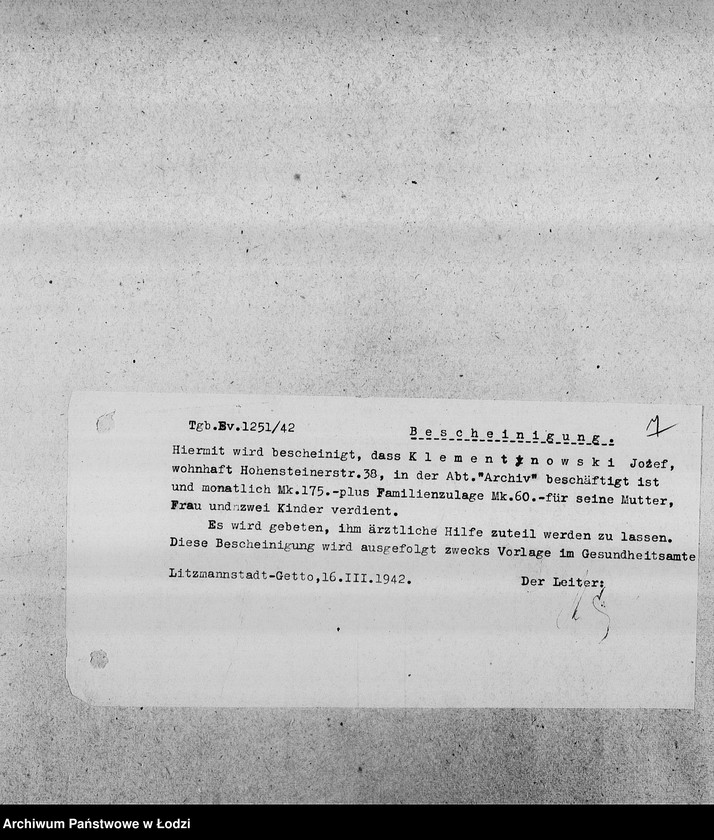 Obraz 10 z jednostki "[Kopie zaświadczeń dla pracowników Wydziałów Ewidencji o zatrudnieniu, wysokości poborów, potrąceniach za komorne, przydziałach żywnościowych i inne]"