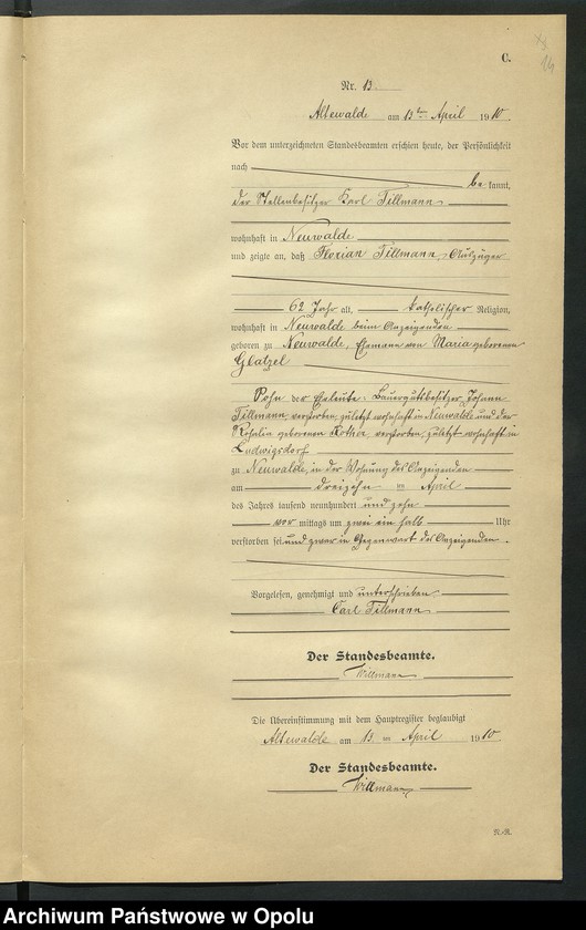 Obraz 18 z jednostki "Sterbe-Register (Neben-Register) Standesamt Altewalde 1910 No. 1 bis 45"