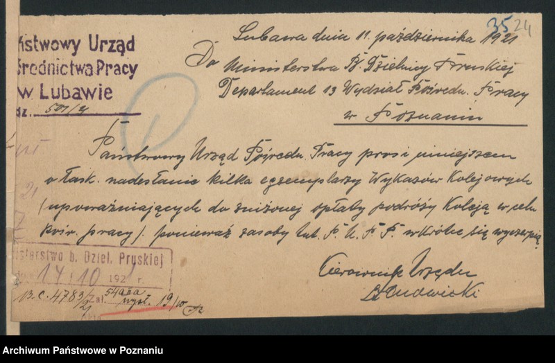 Obraz 20 z jednostki "Ministerstwo B.Dz.Pruskiej Dep.13.Pracy i Opieki Społecznej Wydział Pośredn.Pracy PUPP Lubawa"