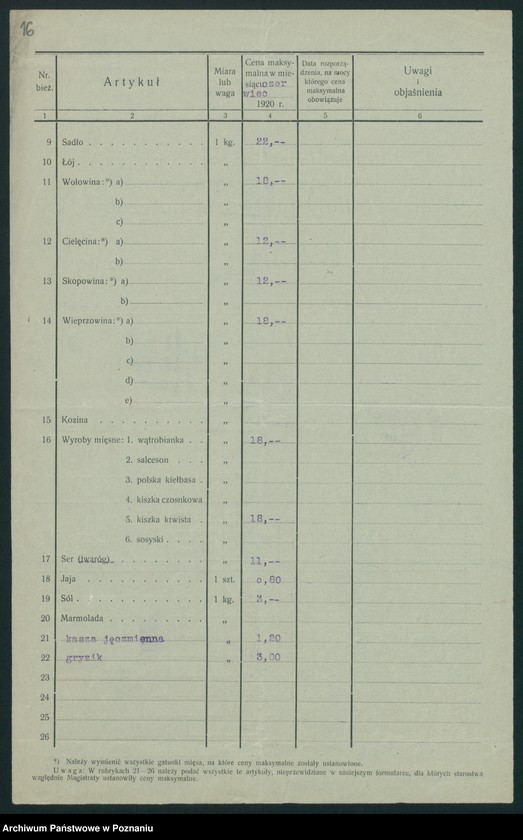 Obraz 17 z jednostki "[Wykazy cen maksymalnych artykułów spożywczych w poszczególnych miastach Województwa Pomorskiego za miesiące czerwiec i lipiec 1920 roku]"