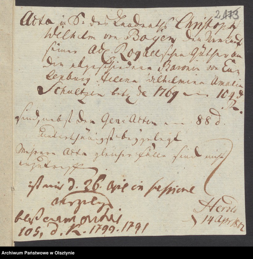 image.from.unit.number "In S. [Sachen] der Friderique Caroline Henriette geschiedene von der Oelsnitz geborene Müller wegen des in Subhastatione voluntaria erkauften Adelichen Guts Kirsteinsdorff [Kiersztanowo] H.[Haupt] Amts Osterode [Ostróda]"