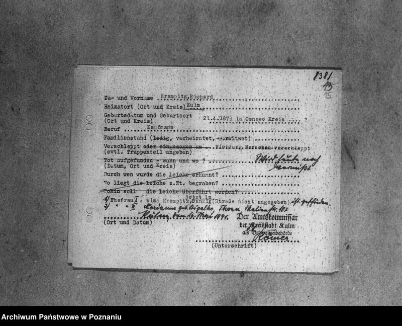 Obraz 19 z jednostki "Amtliche Meldungen Kreis Kulm (Cełmno oraz powiat toruński)"